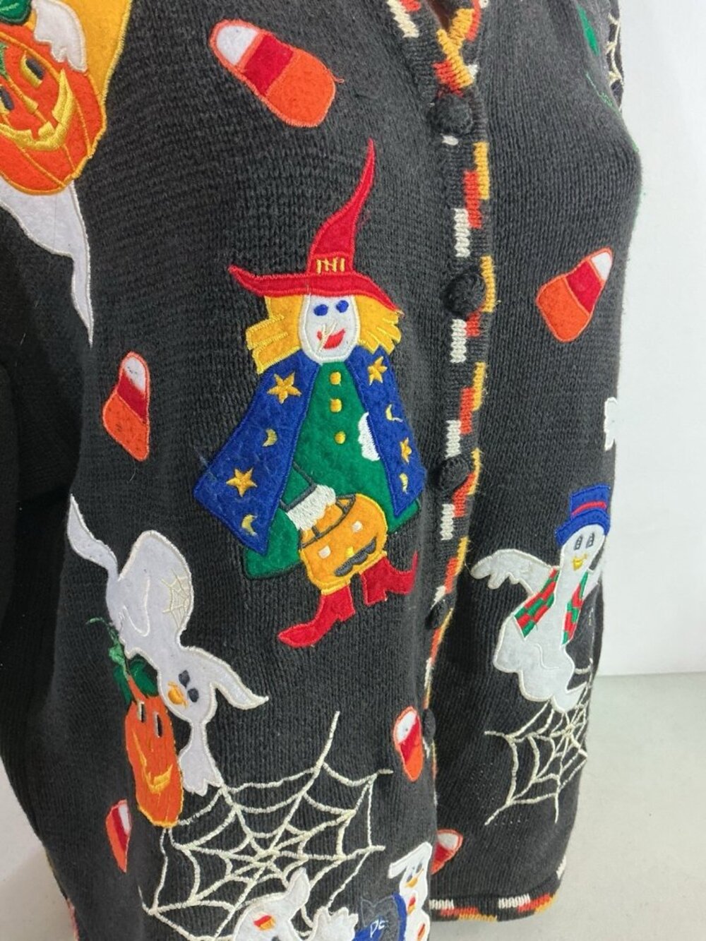 Vintage Halloween Cardigan Sweater Witch Black Cat Candy Corn Womens XL - Picture 5 of 8